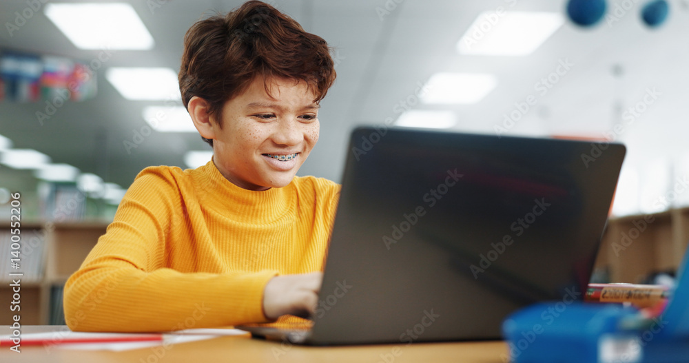 Poster student, library and child on laptop for online class, remote education and e learning with knowledg