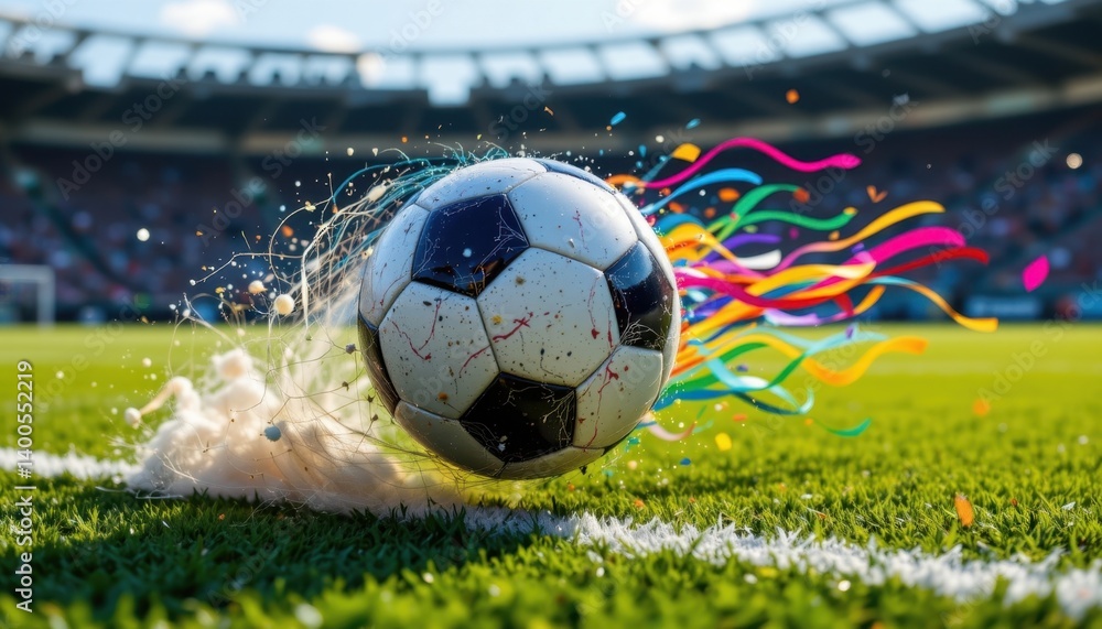 Poster an artistic rendering of a soccer ball whipping across the field, leaving a trail of color behind it