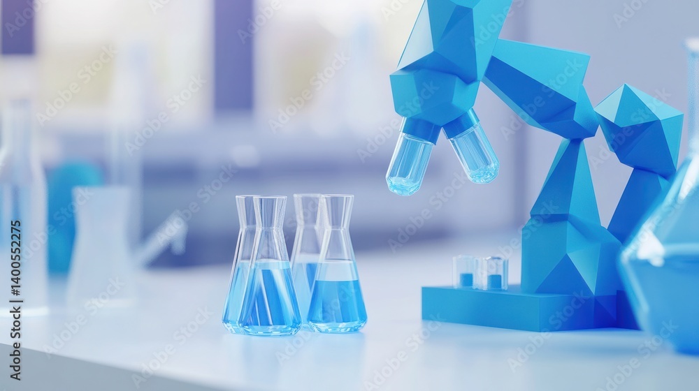 Poster futuristic robot arm in lab examining liquids