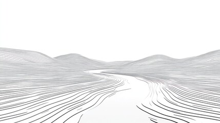 Abstract grayscale landscape, flowing lines, hills, valley