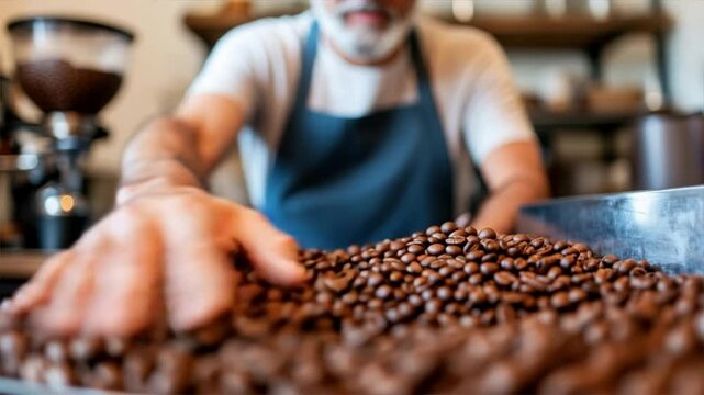 A barista examines fresh coffee beans, showcasing passion and craftsmanship in coffee preparation.