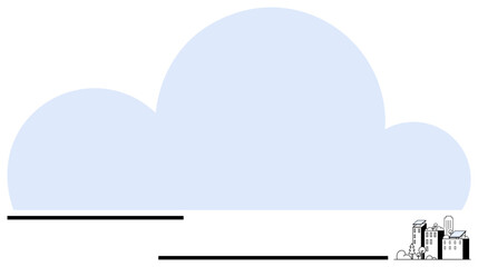 Large blue cloud dominating the scene above a minimalist cityscape with linear elements. Ideal for technology, cloud computing, innovation, urbanization, digital systems, modern economy, flat simple