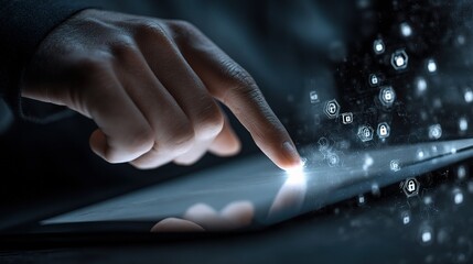 Close-Up of Hand Touching Tablet with Cybersecurity Icons