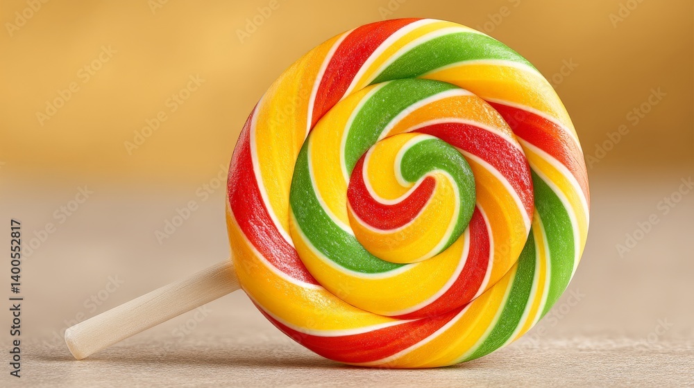 Aufkleber yellow green swirl lollipop in spiral twist on display block with neutral background in vibrant cand