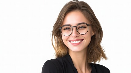 Obraz premium Bright Portrait of Young Businesswoman with Glasses, Smiling Cheerfully