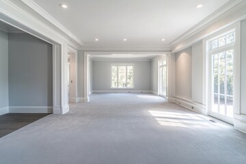 Spacious, light-filled great room with elegant trim and large windows