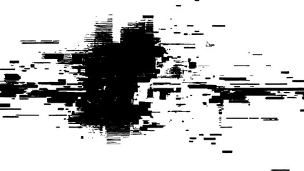 Abstract distorted black, white motion glitch overlay effect distress texture. Black grunge, white background.