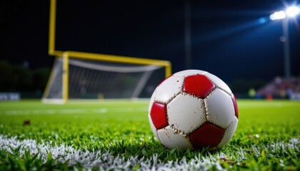 Fototapeta premium A football lying on the field with a goalpost visible in the background, illuminated by stadium lights at night.