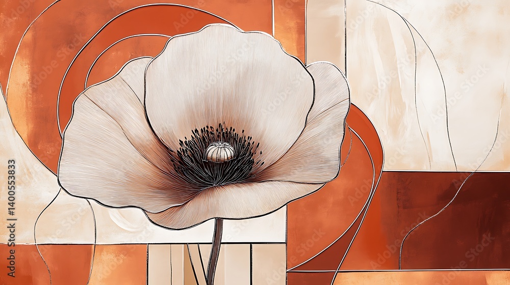 Aufkleber abstract composition featuring a large poppy flower on a textured background with warm tones of brow