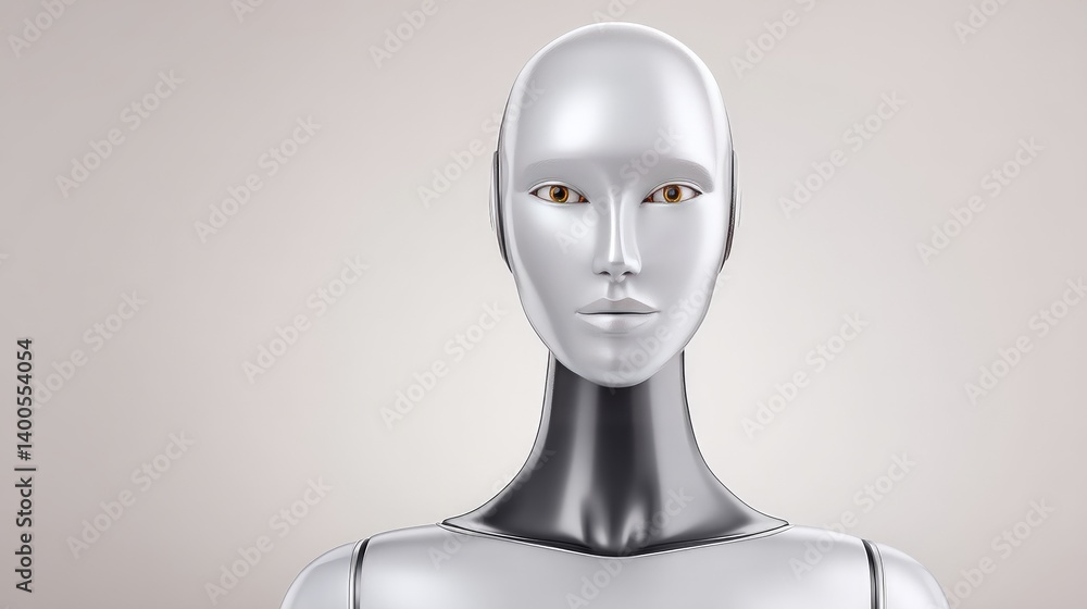 Poster symmetrical silver humanoid robot bust with clean lines and matte surface set against white backgrou