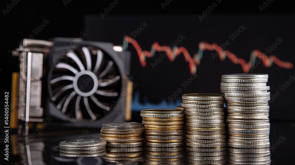 Poster double exposure of stacked coins with graphics and technology elements