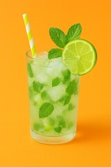 Refreshing Mojito Cocktail with Lime and Mint on Orange Background. summer concept.