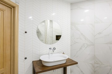 interior apartment room bathroom, sink, decorative elements, toilet
