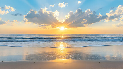 Fototapeta premium Golden Sunset over Tranquil Sea with Sparkling Water and Cloudy Sky Beach Seascape Reflection Azure Ocean Landscape Tropical Paradise Nature Outdoor Scene