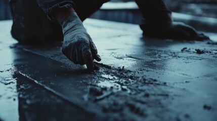 Construction worker laying down a foundation slab with precision. Featuring focus and technique