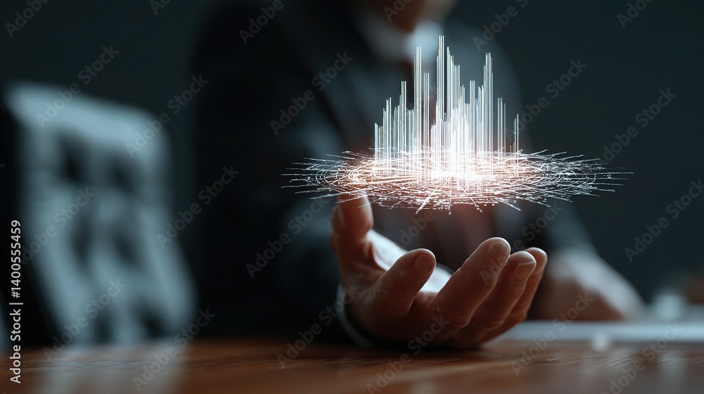 Poster glowing financial radar chart displaying data above hand gesture