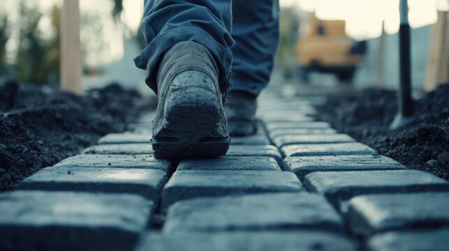 Construction worker laying down concrete pavers on a walkway. Featuring precision and craftsmanship
