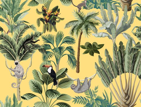 Seamless Tropical Plant, Tropical Mural Illustration, Birds, Manky, Holud, Wedding.
