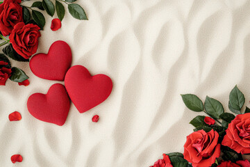 Romantic design featuring red hearts and roses on a textured background.