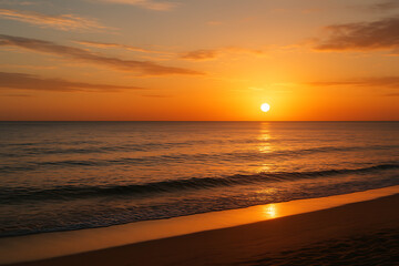Tropical Sunset Over a Palm-Lined Sea Beach with Calm Waves