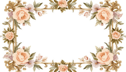 Opulent Vintage Gold Floral Frame with Watercolor Roses in Gold, Pink, Cream, and Green Representing Rococo Ornamentation
