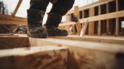 Construction worker laying insulation between beams. Featuring detail and precision