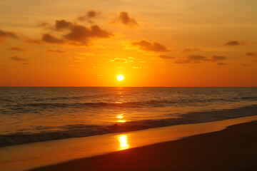 Tropical Sunset Over a Palm-Lined Sea Beach with Calm Waves