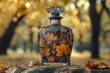 Bottle of perfume adorned with autumn leaves.