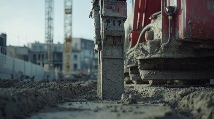 Construction worker leveling a concrete foundation for a building. Featuring focus and expertise
