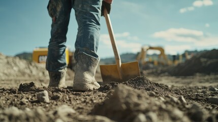 Construction worker leveling a dirt surface with a shovel. Featuring attention to detail and manual labor