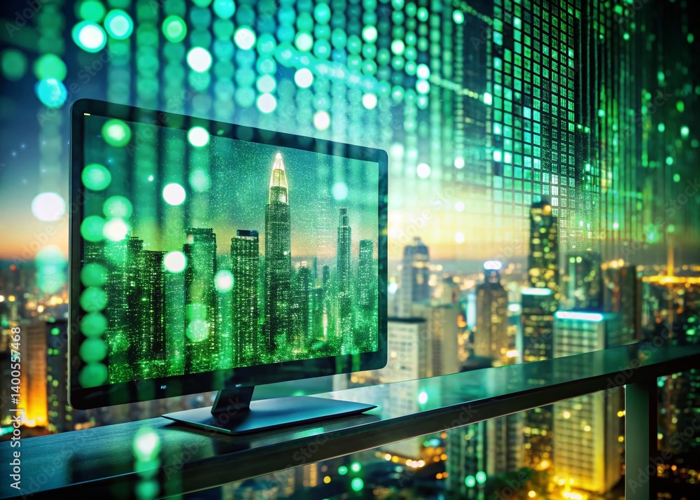 Poster double exposure: coding abstract, green code lines on cityscape background