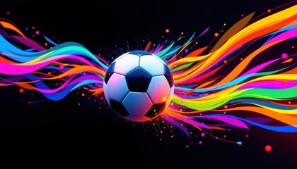 Fototapeta premium A vibrant graphic depicting a soccer ball blending with abstract wave patterns and bright neon hues.