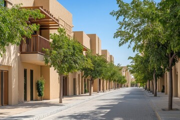 Sunny residential street lined with beige buildings and lush greenery