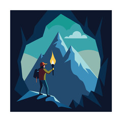 Fototapeta premium A determined explorer with a torch stands at the edge of a cave, facing majestic mountains.