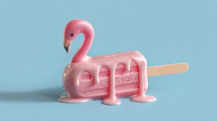Creative Melting Pink Stick Ice Cream With Flamingo Float on a Pastel Blue Background for Summer Vibes Generative AI