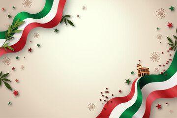 The Italian flag waving as a background with a small colosseum, strewn with stars and foliage.