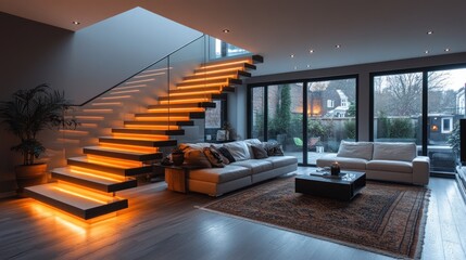 Fototapeta premium Illuminated Modern Staircase in a Luxurious Home