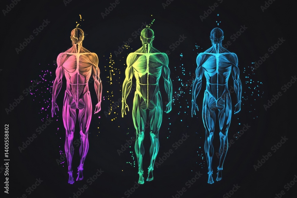 Poster visual representation of human muscle groups in colorful lines on black background for educational a