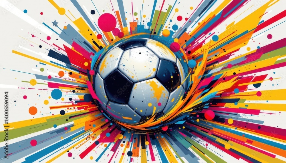 Poster a colorful representation of a soccer ball surrounded by abstract shapes and lines, suggesting speed