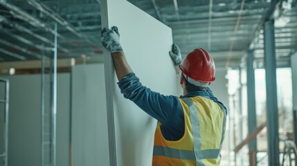 Construction worker lifting drywall panels for installation. Featuring strength and teamwork