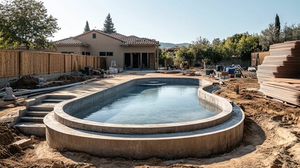 A modern, concrete swimming pool under construction in a backyard.