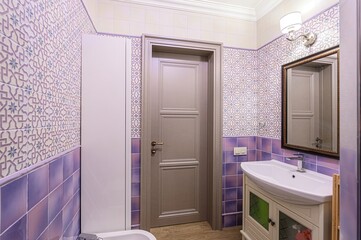 interior apartment room bathroom, sink, decorative elements, toilet