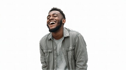 Obraz premium Joyful Young Man Laughing in Casual Attire Against White Background