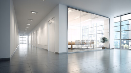 Fototapeta premium Modern art gallery with white walls concrete floors and floor to Empty Wall Mockup in Modern Office Interior created with 