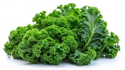 A cluster of fresh kale leaves isolated on white background, close-up, green vegetable