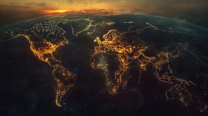A world map illuminated with golden lights