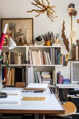 Interior view of a bright room with shelves tables and various objects.