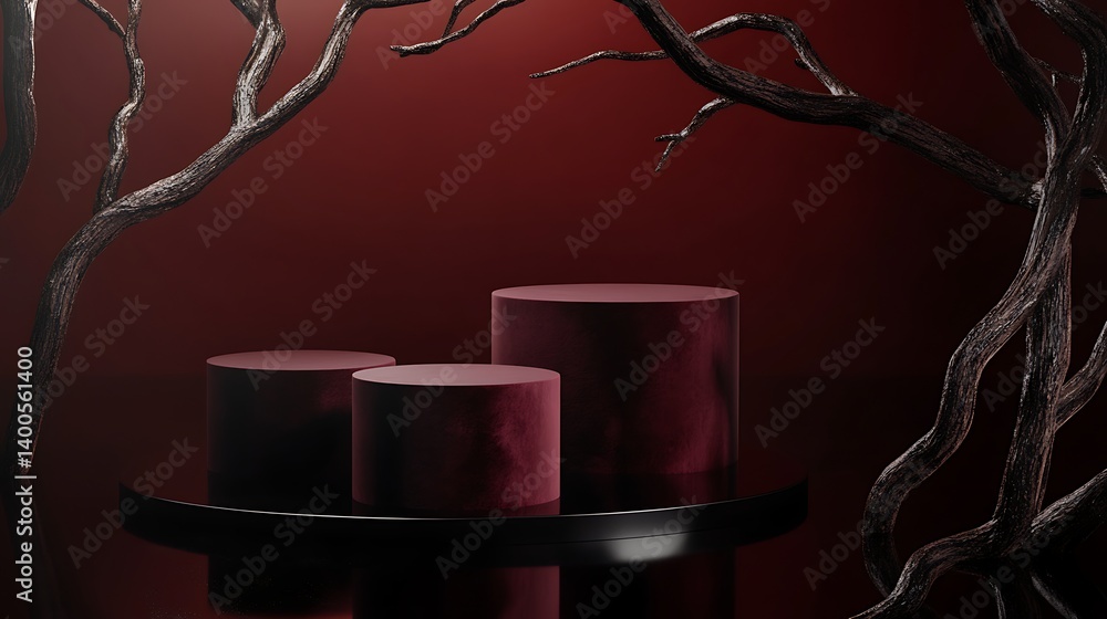 Aufkleber abstract composition featuring dark maroon cylindrical forms and twisted black branches against a de