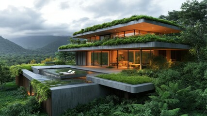 Obraz premium Modern house with green roof blends in with the surrounding lush landscape.