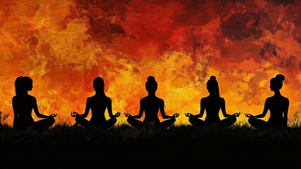 Fototapeta premium Five women in lotus pose, meditating, against a sunset backdrop. Peaceful art.
